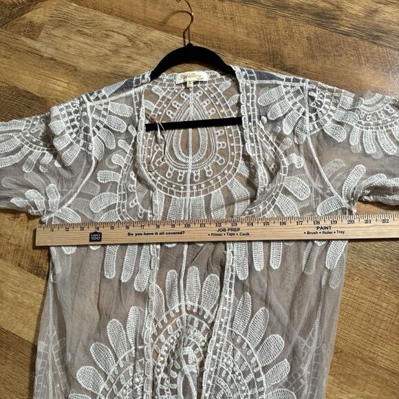 Rebellion Coquette Open Duster‎ Cardigan Antique Cream Embroidered Floral Lace - Picture 10 of 14